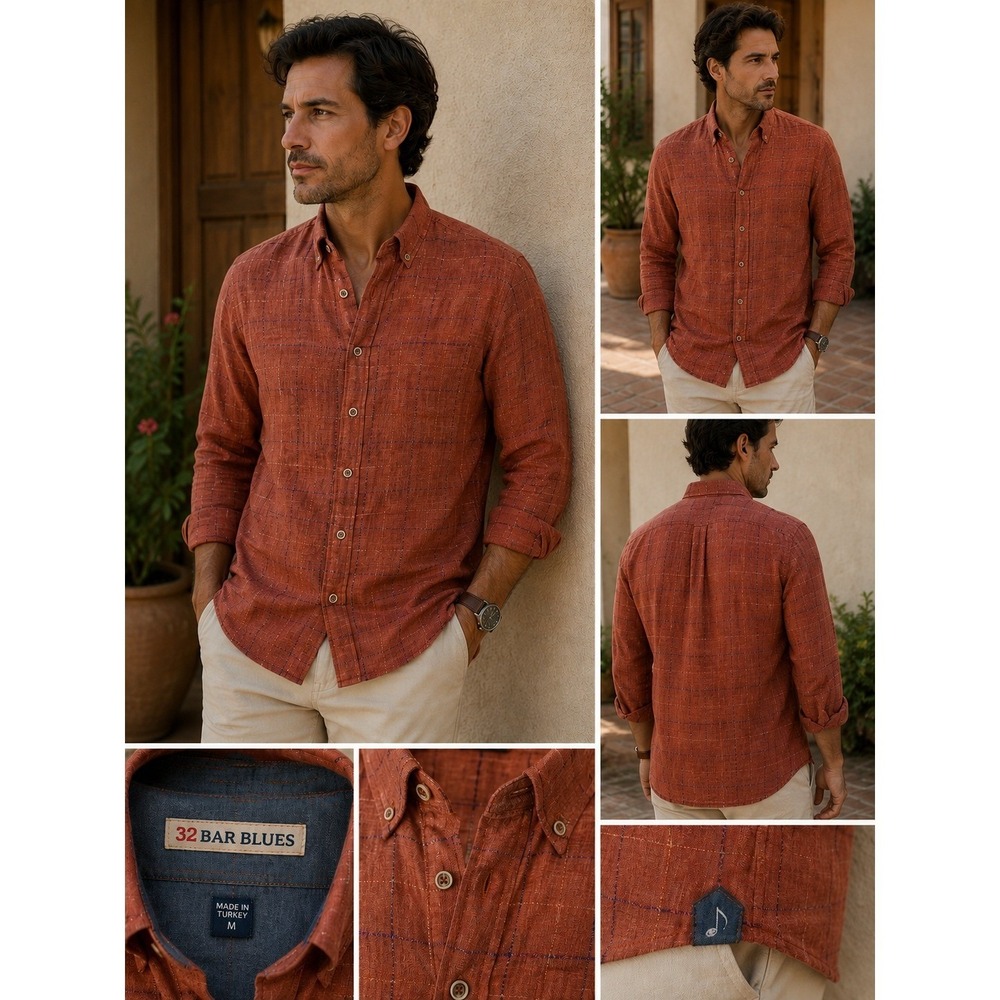 32 Bar Blues Mens M Linen Button Down Shirt Rust Orange Plaid Long Sleeve Turkey
